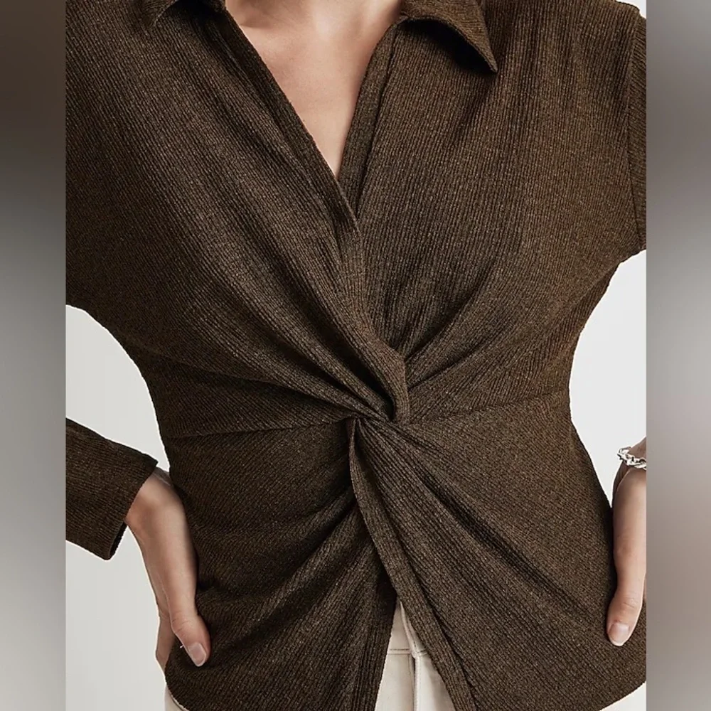NWT Madewell Twist Front Long Sleeve Shimmery Top Womens S Green Button Mature - Picture 3 of 13